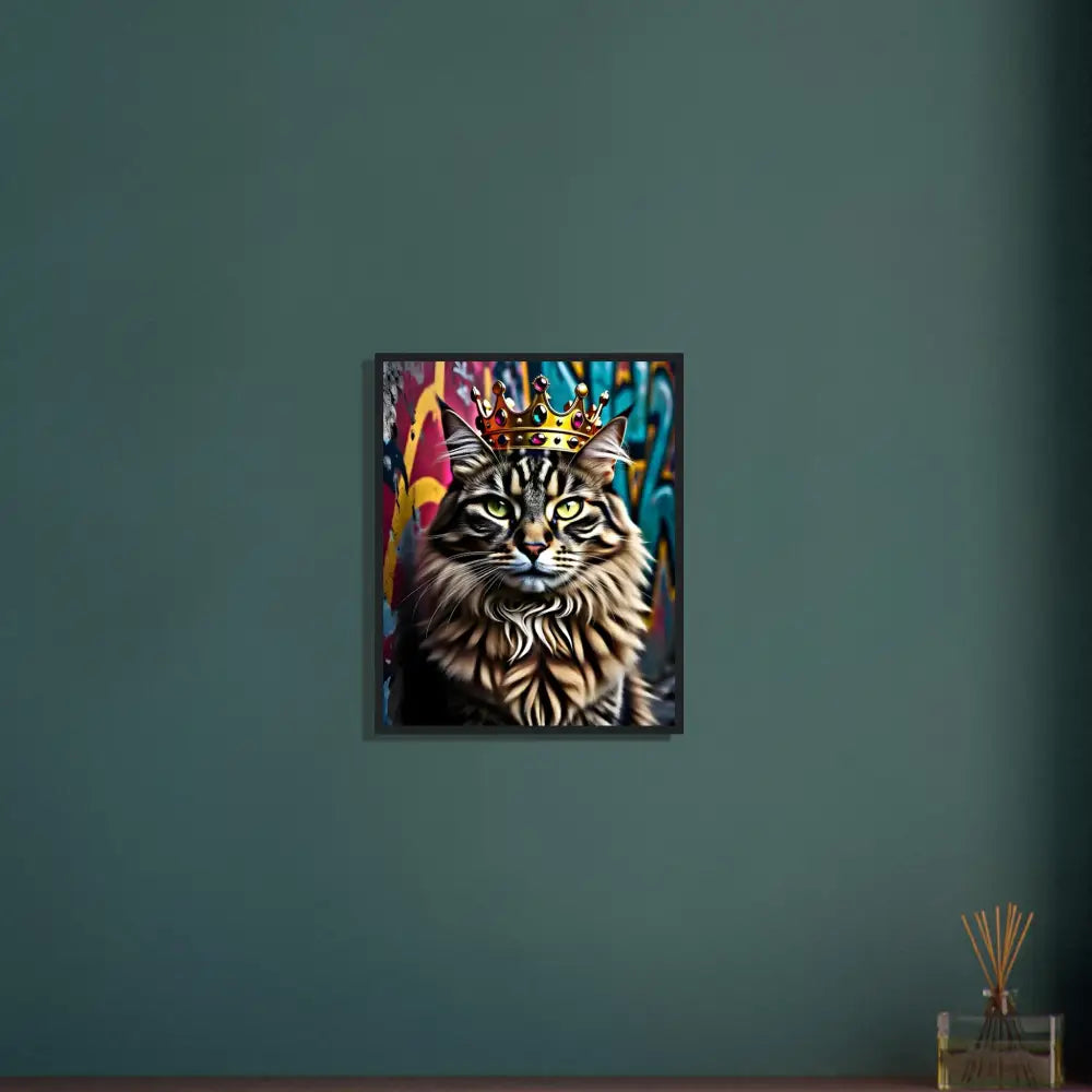 Framed cat portrait with crown for Royal Cat Wall Art displayed on Crown Meowjesty poster
