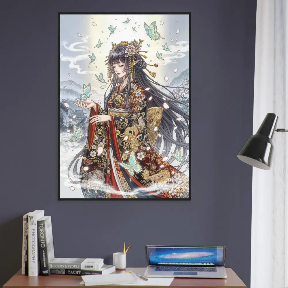 Framed anime art print of an ethereal kimono maiden with butterflies from PixiOnyx series