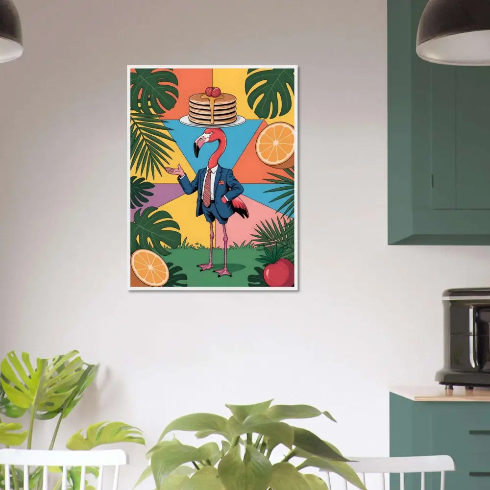 Framed poster of a flamingo waiter balancing pancakes in a PixiOnyx Tropical design