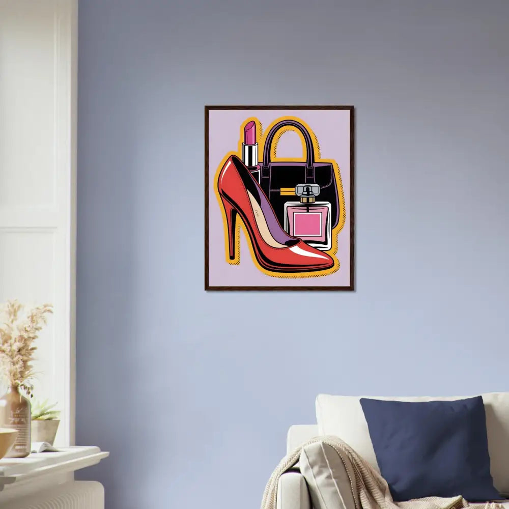 Framed Glam Slam poster with red high-heeled shoe black handbag and pink perfume bottle