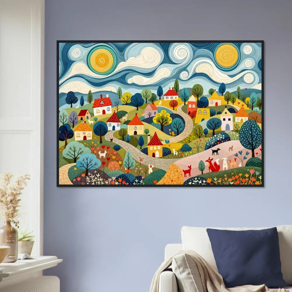 Framed whimsical village painting from Hillside Harmony PixiOnyx Whimsical Art Print