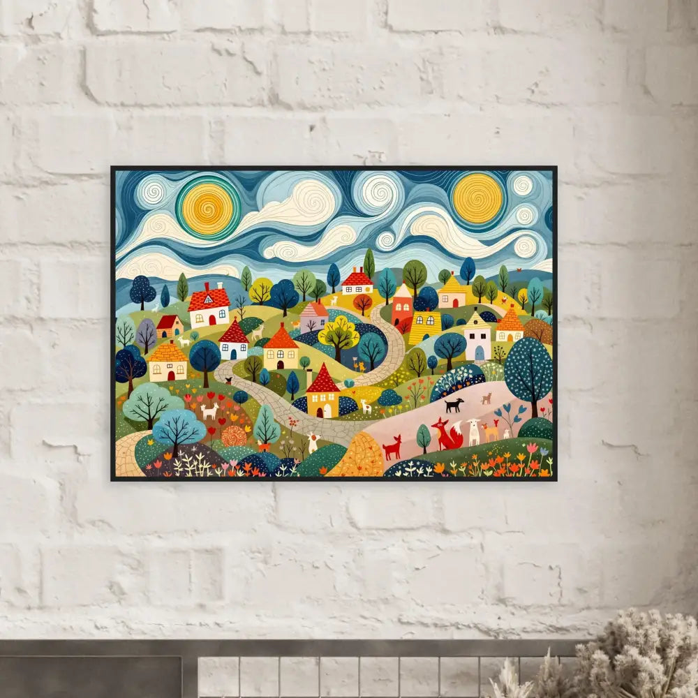 Framed Whimsical Village Artwork displayed in Hillside Harmony PixiOnyx Art Print