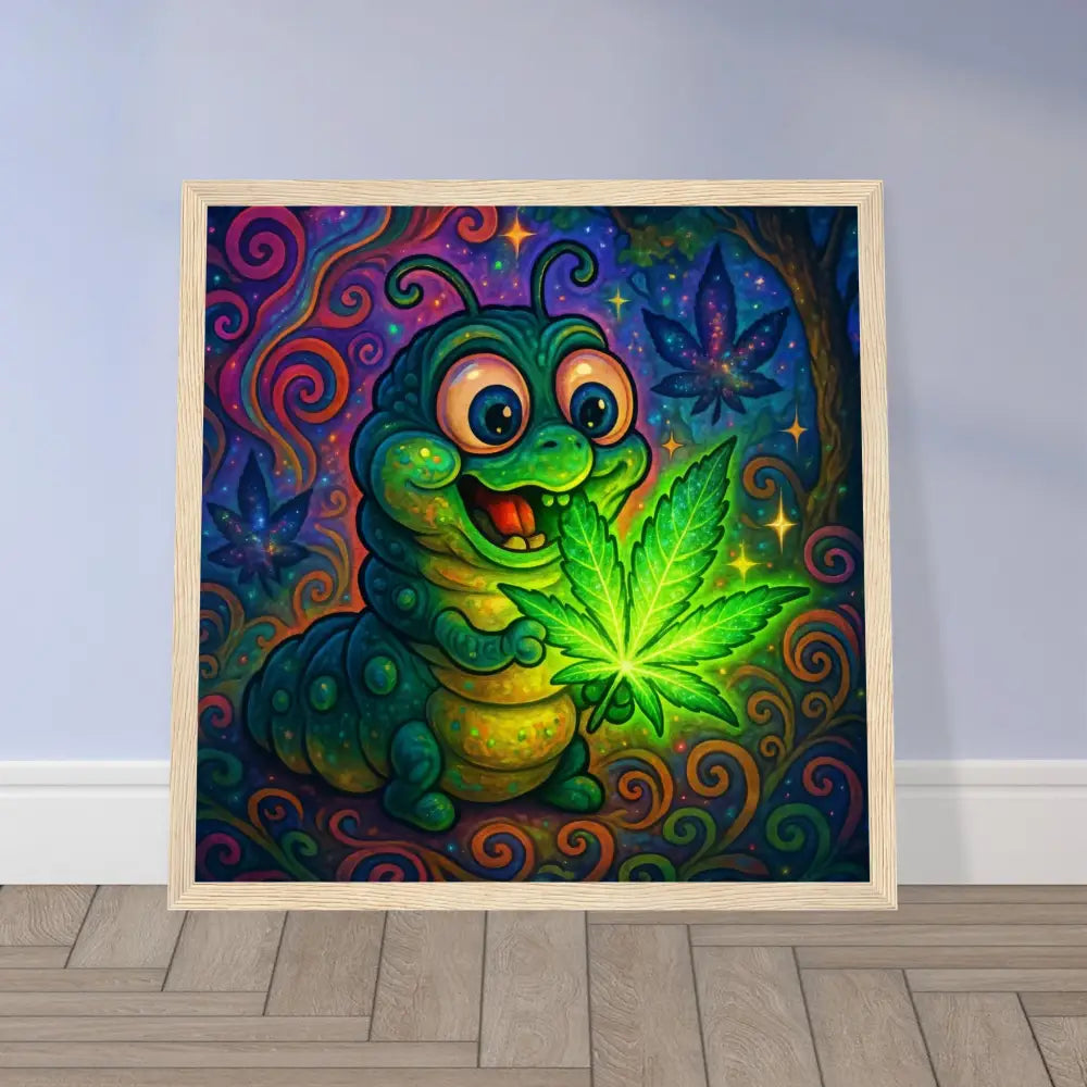 Framed cartoon caterpillar with cannabis leaf on psychedelic wall art poster