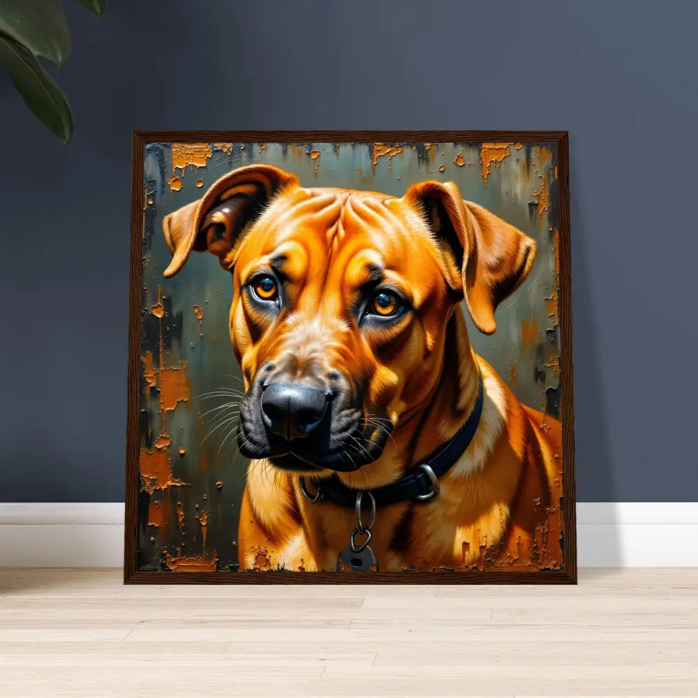 Framed poster of a brown dog with loyal companion’s gaze and expressive painterly strokes