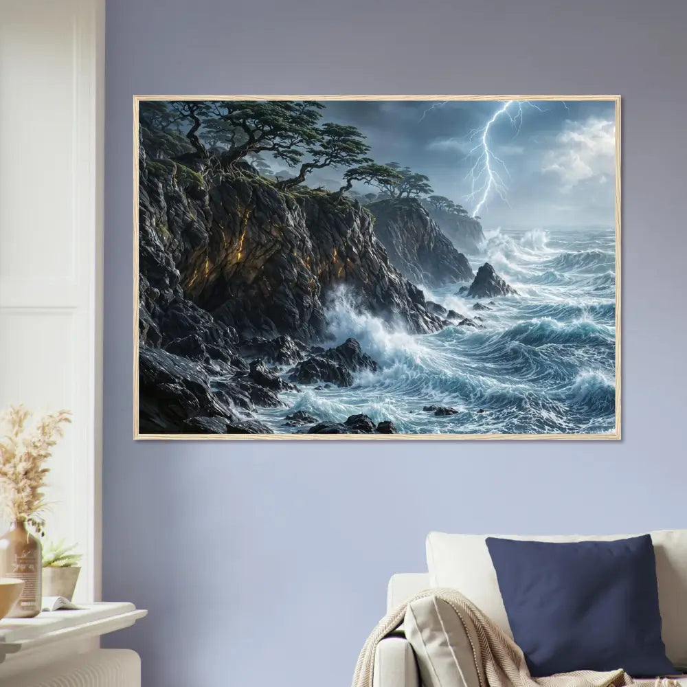 Sturdy wooden framed poster of stormy ocean with crashing waves and lightning in heavyweight white matte