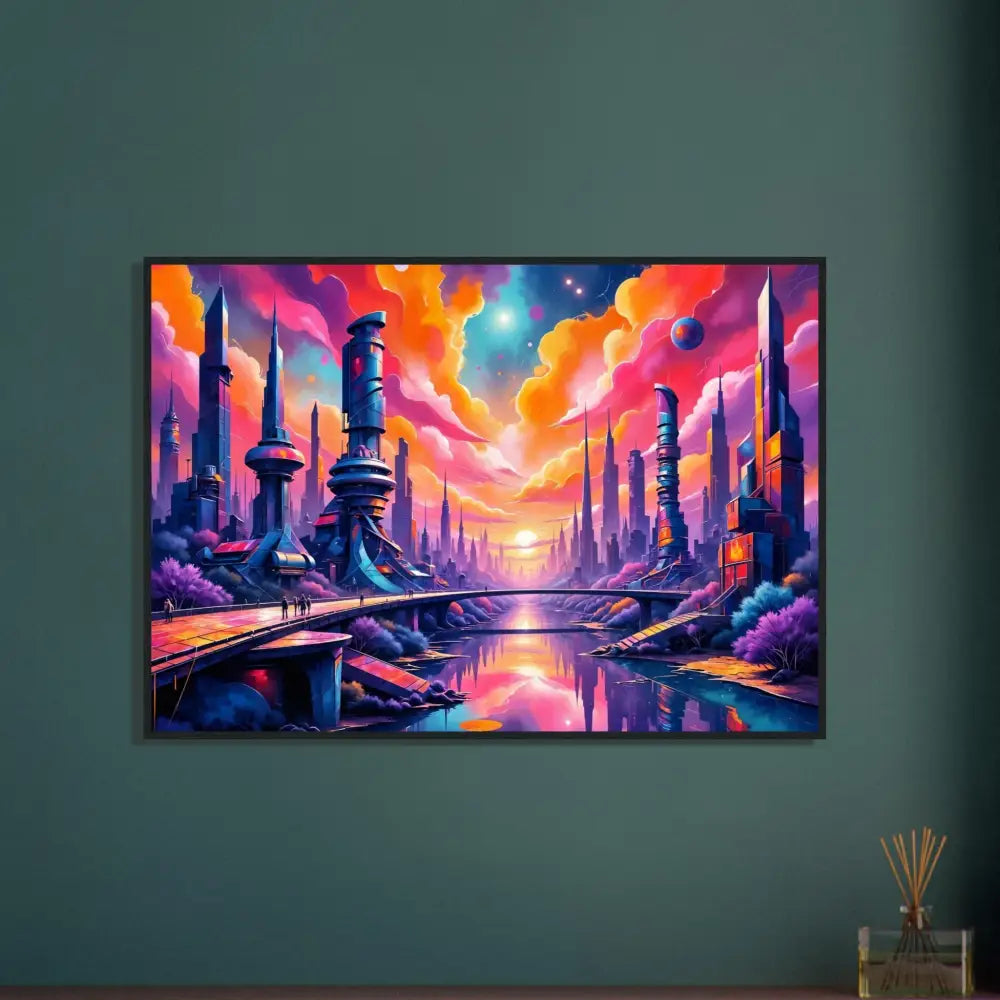 Vivid cosmic skyline with futuristic towers collide in sunset cityscape painting for PixiOnyx