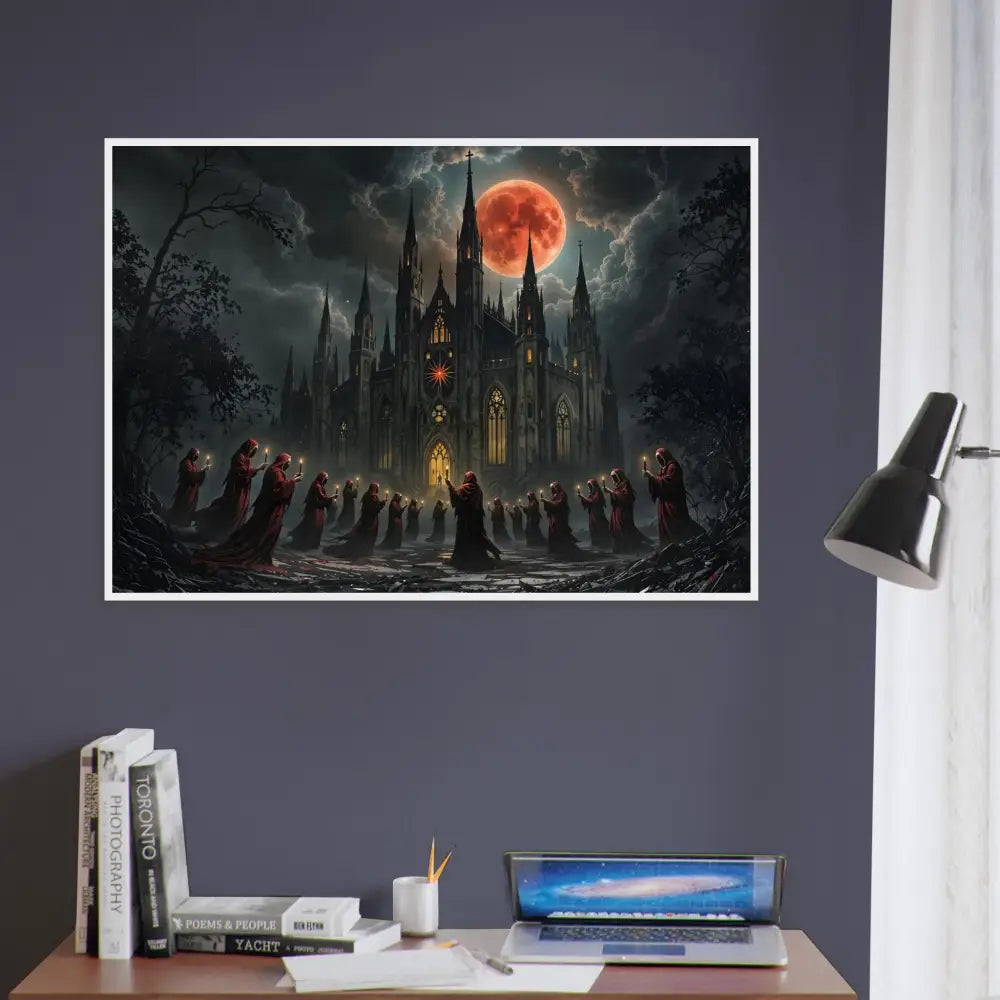 Framed gothic cathedral print displayed in PixiOnyx Macabre Display poster