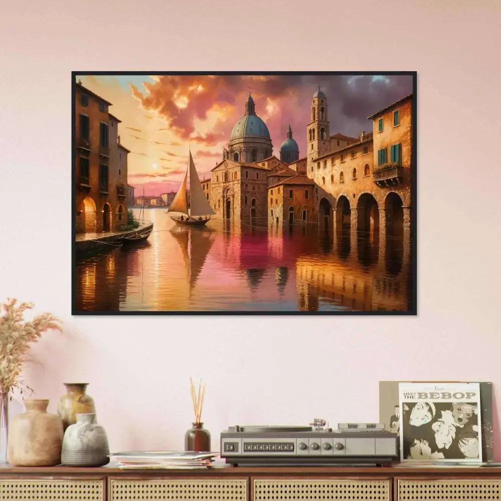 Framed Venetian Reverie poster of a European canal city with sailboat at sunset, museum-quality print