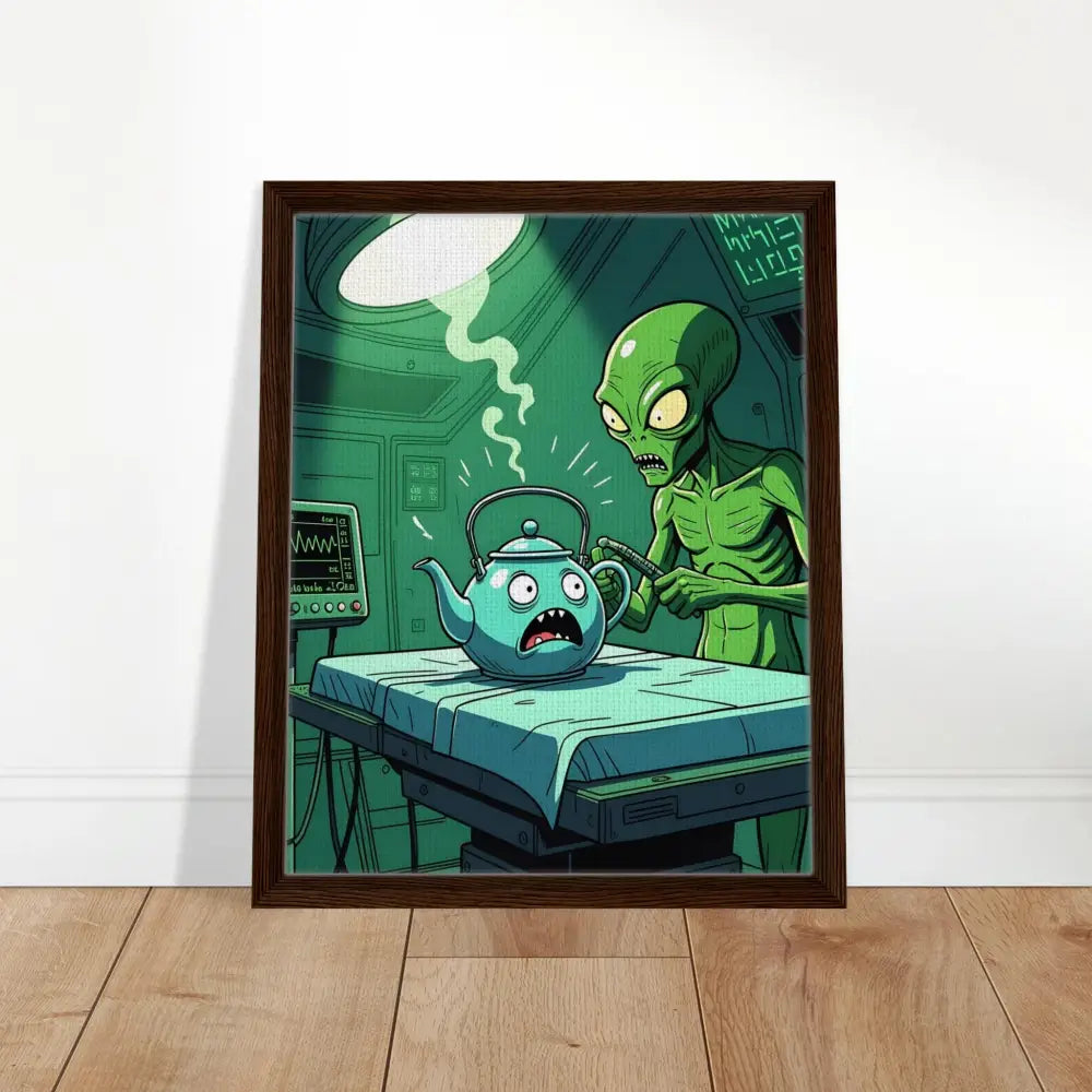 Framed cartoon alien abduction scene canvas print for humorous extraterrestrial artwork