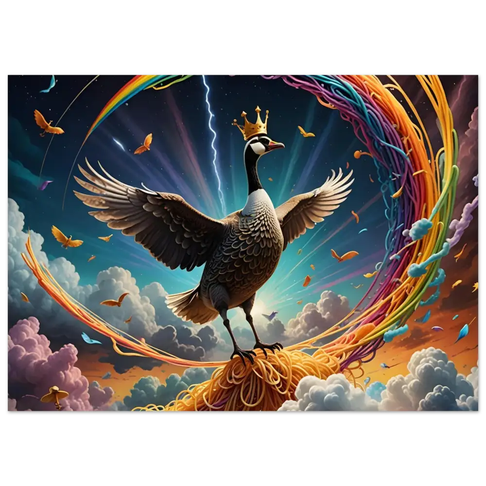 Regal goose wearing a crown perched on spaghetti in PixiOnyx framed wall art