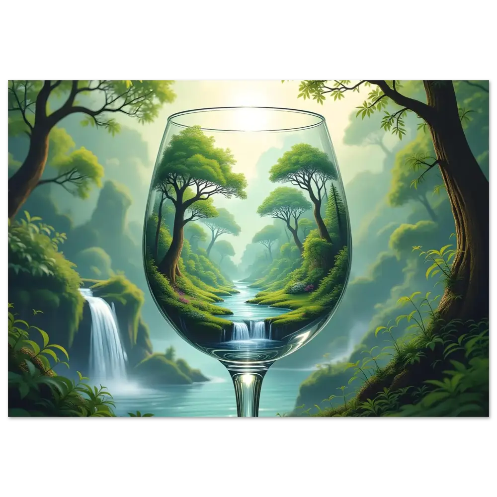 Wine glass with lush forest landscape in PixiOnyx Dreamcore Framed Surreal Forest Art