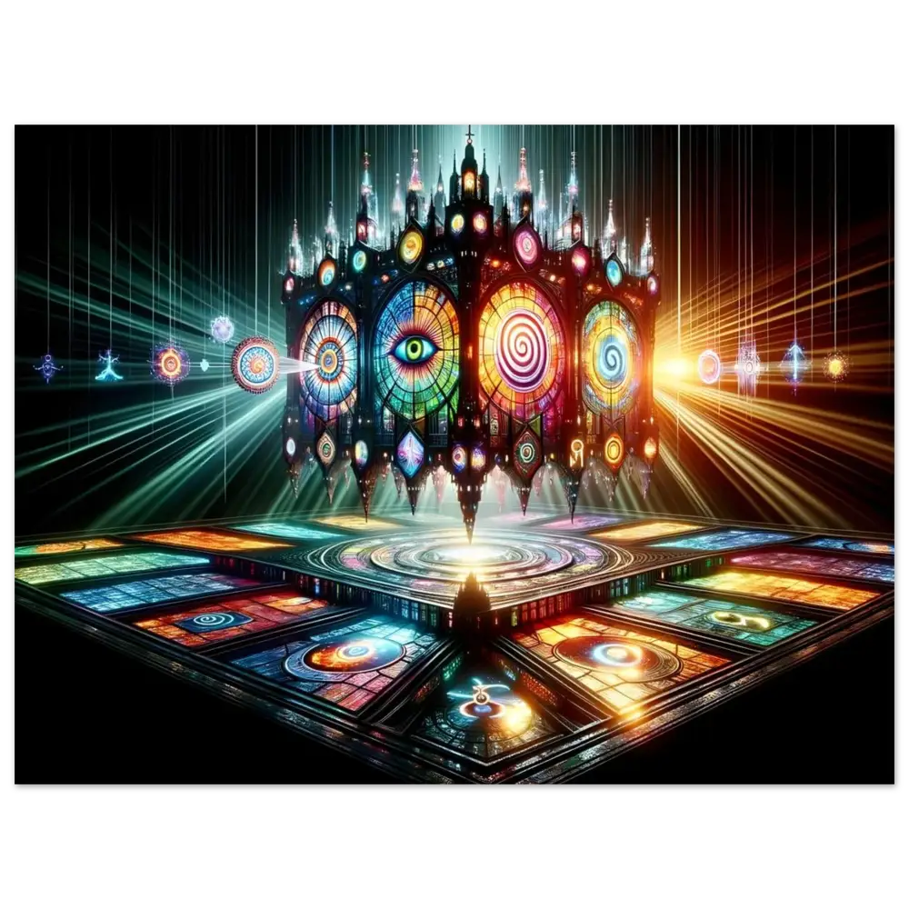 Ornate stained-glass cathedral cube from Framed Visionary Cathedral PixiOnyx Light Shrine Print