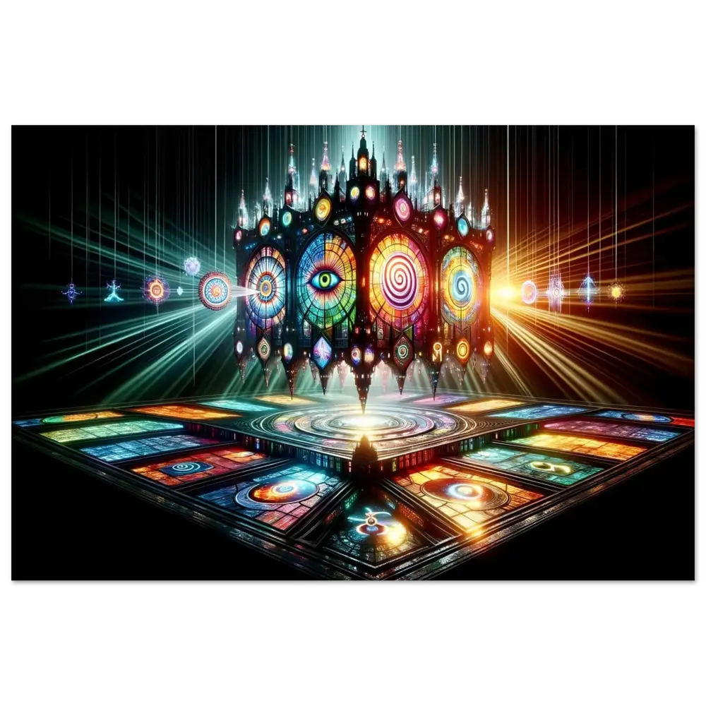 Colorful ornate stained-glass cathedral depicted in PixiOnyx Light Shrine Print