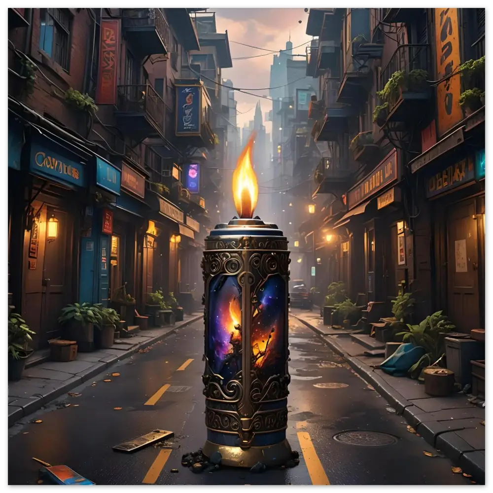 Ornate candle with cosmic imagery from the Galactic Flame Fine Art Poster by PixiOnyx