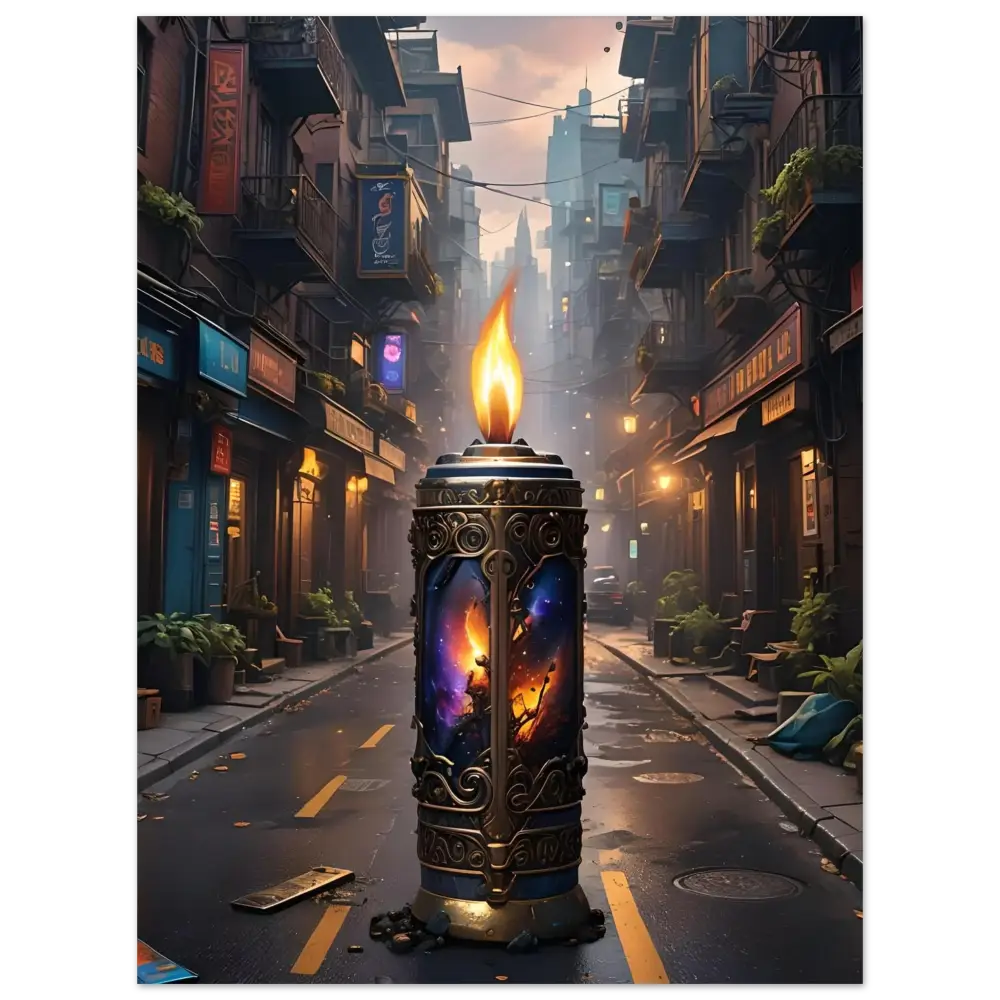 Ornate candle with cosmic imagery from Galactic Flame Metal Print PixiOnyx Exclusive