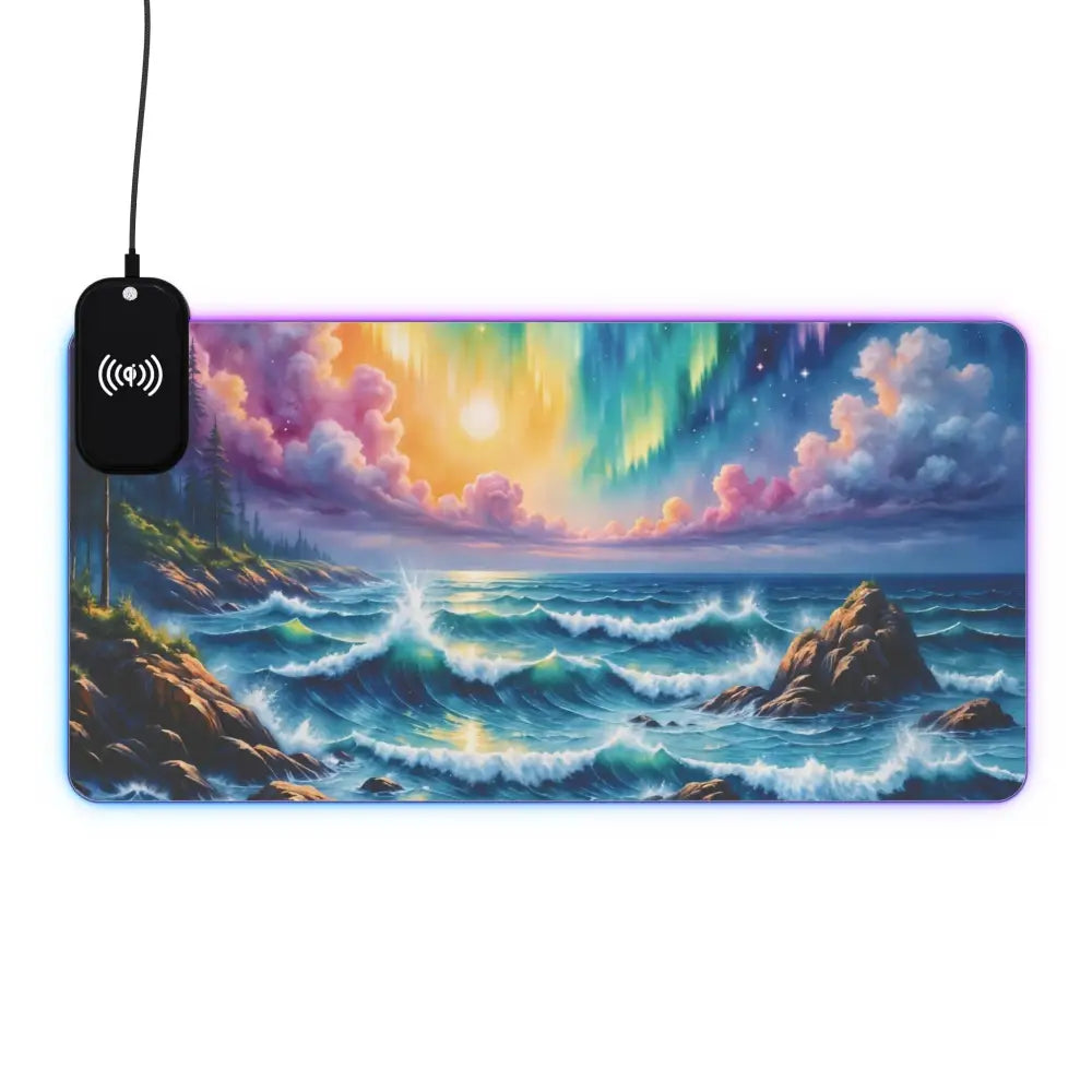 Gaming Mouse Pad Celestial Tide with Aurora Borealis design and integrated wireless charger