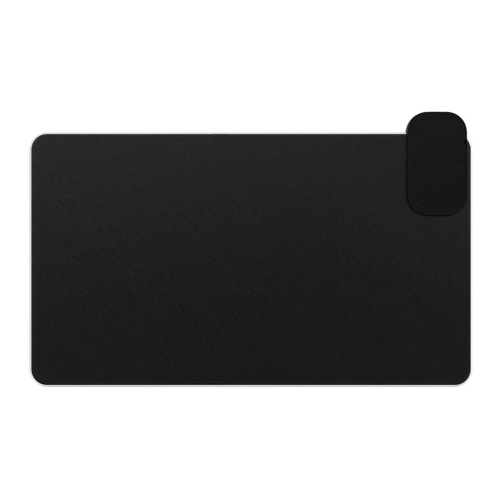 Black gaming mouse pad with cable holder, perfect for cityscape meets cyberspace setups