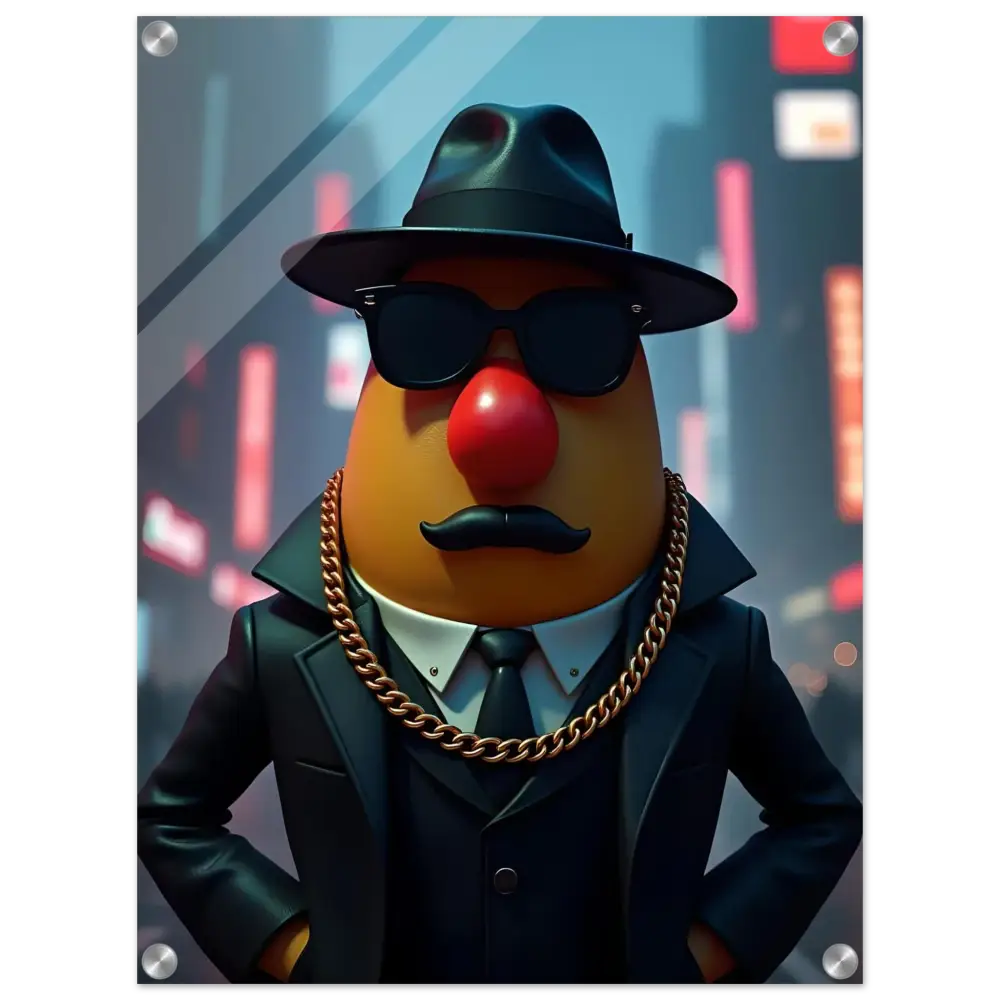 Gangster Potato acrylic wall art featuring Mr. Potato Head in a suit by PixiOnyx
