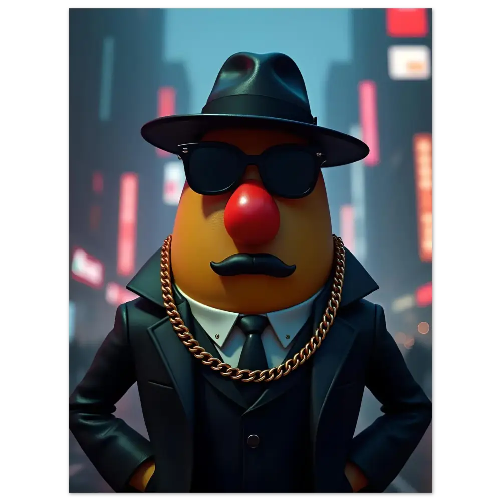 Mr Potato Head gangster aluminum wall print from PixiOnyx showcases a playful design