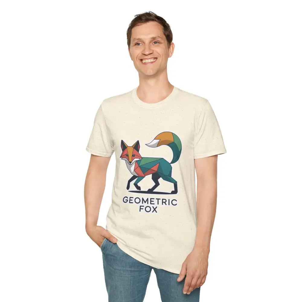 Man wearing a unisex softstyle t-shirt with a unique geometric fox design for Earth Day