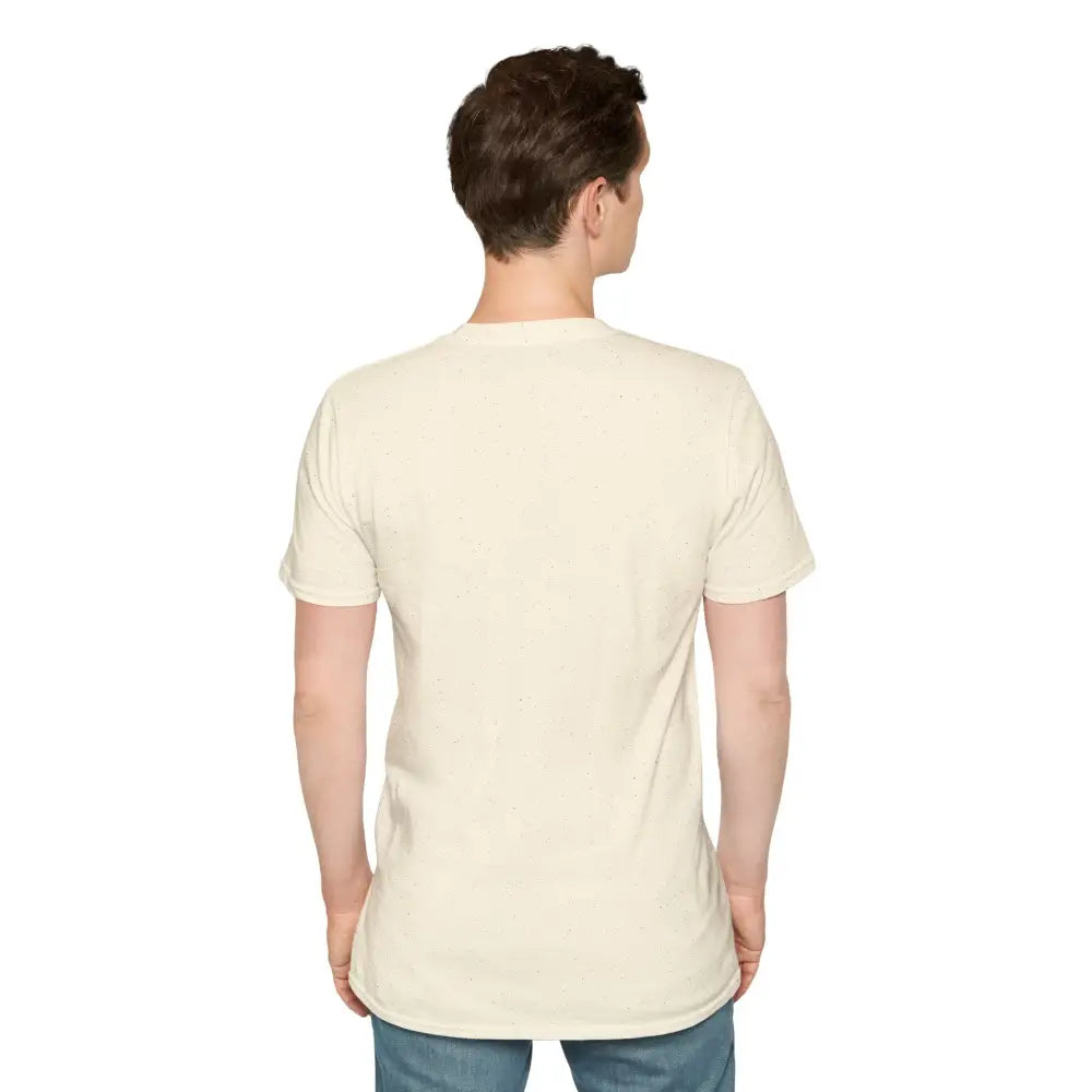 Man wearing a plain cream-colored unisex softstyle t-shirt from Geometric Fox collection for Earth Day