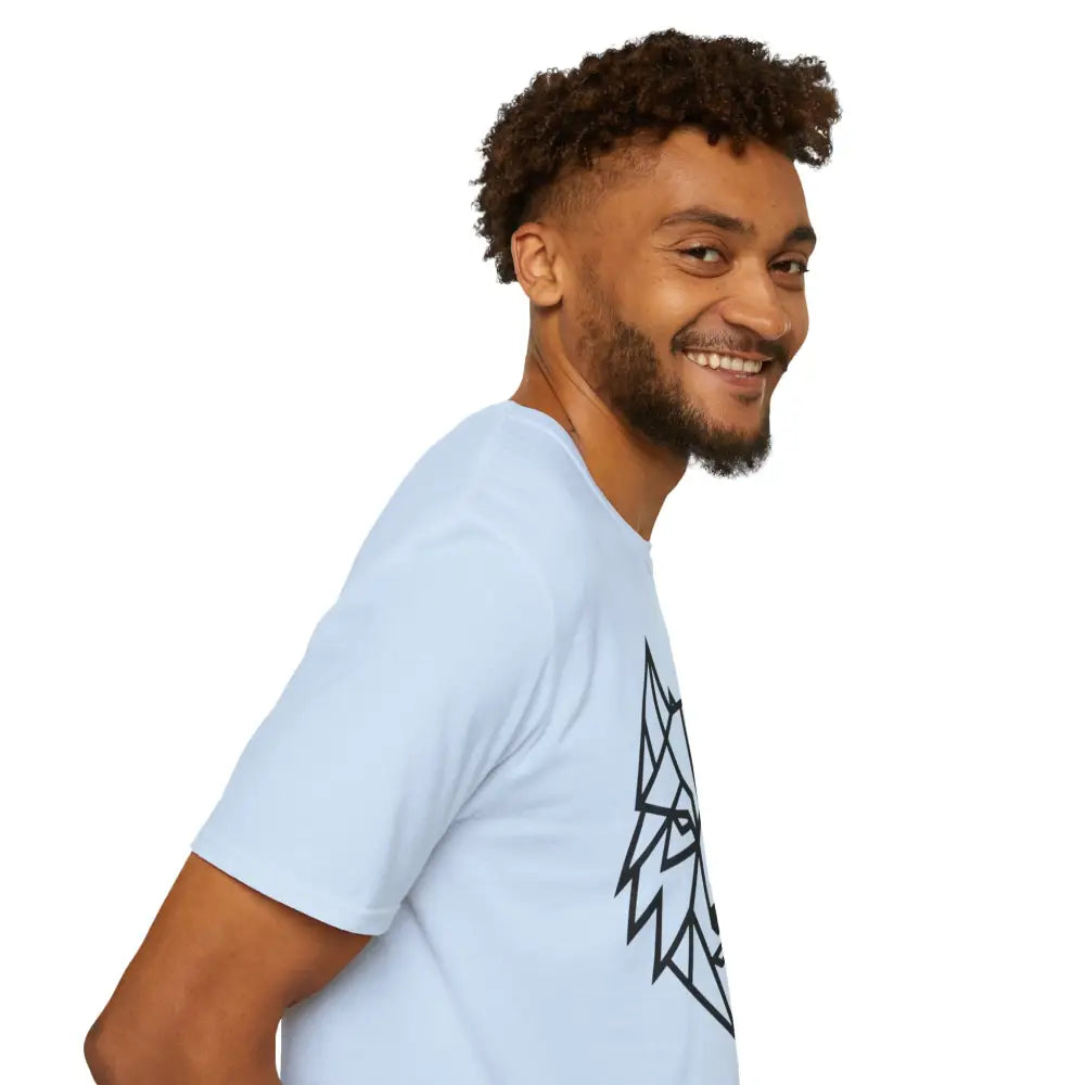 Light blue short-sleeve geometric wolf t shirt with animal design for wolf lovers