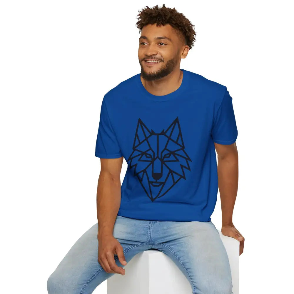 Blue short-sleeved softstyle tee wolf with black geometric wolf design for animal lovers