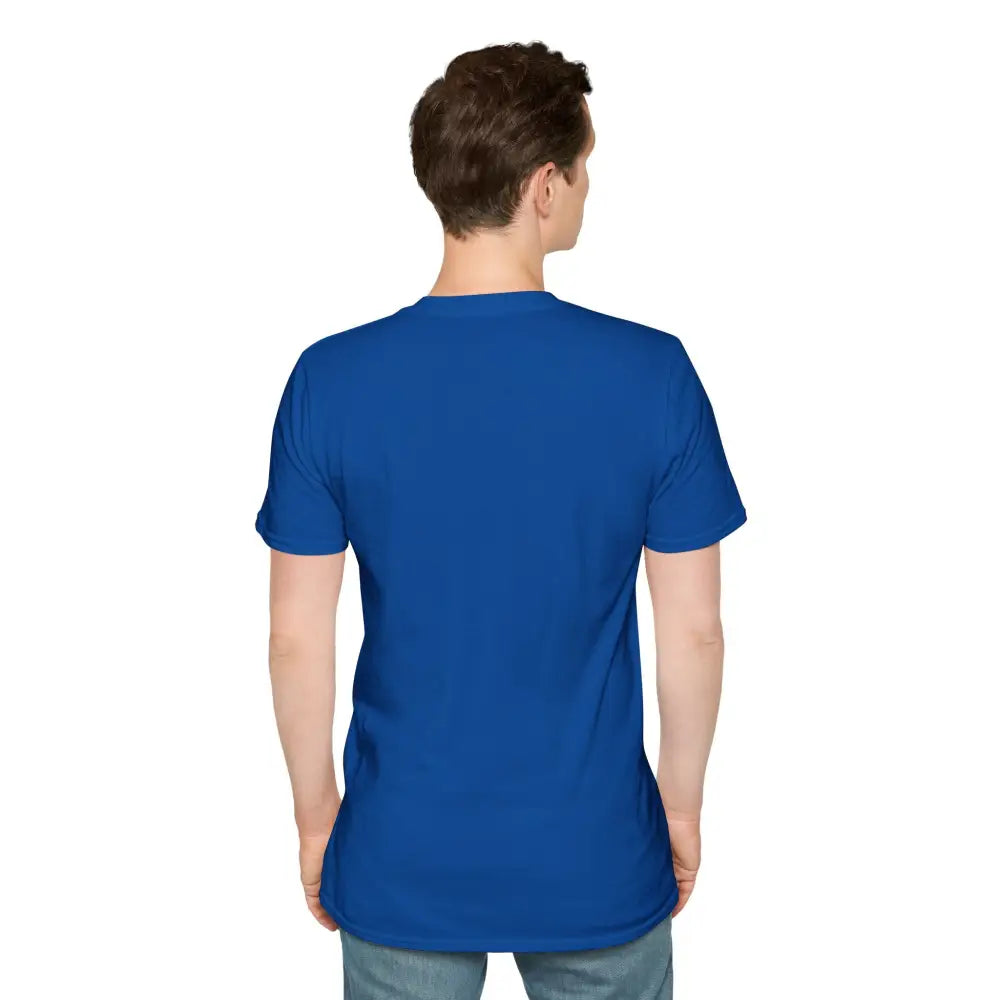 Royal blue geometric wolf t shirt on man facing away, softstyle tee wolf design
