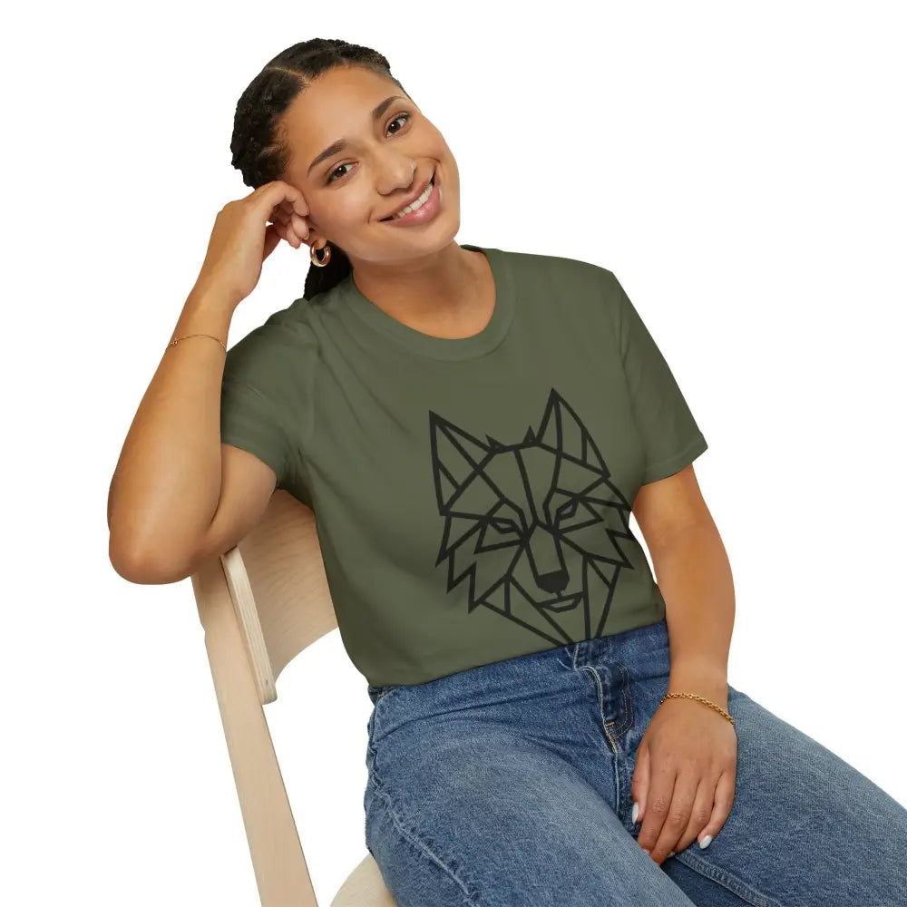 Woman wearing a geometric wolf softstyle tee wolf and blue jeans, nature apparel fashion