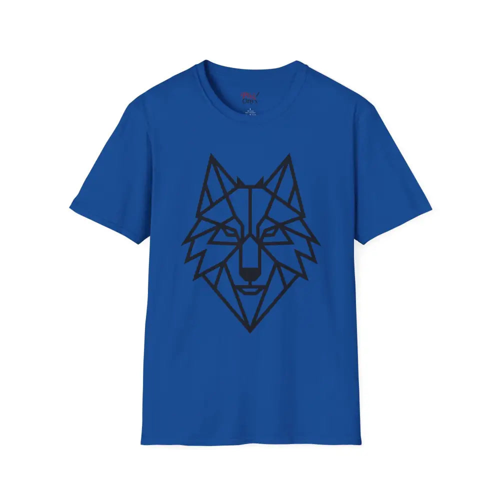 Blue short-sleeve softstyle tee wolf with black geometric wolf head design for animal lovers