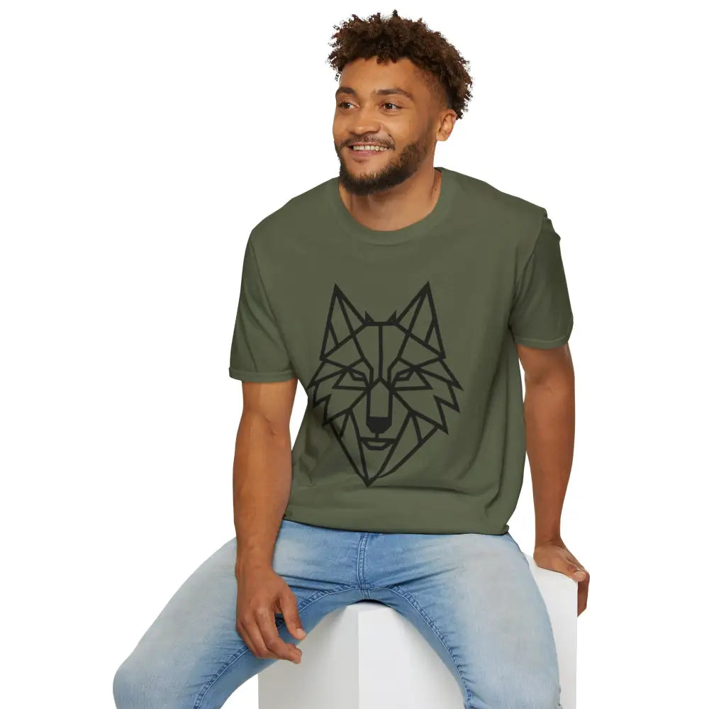 Man with beard and curly hair wearing olive green geometric wolf softstyle tee wolf