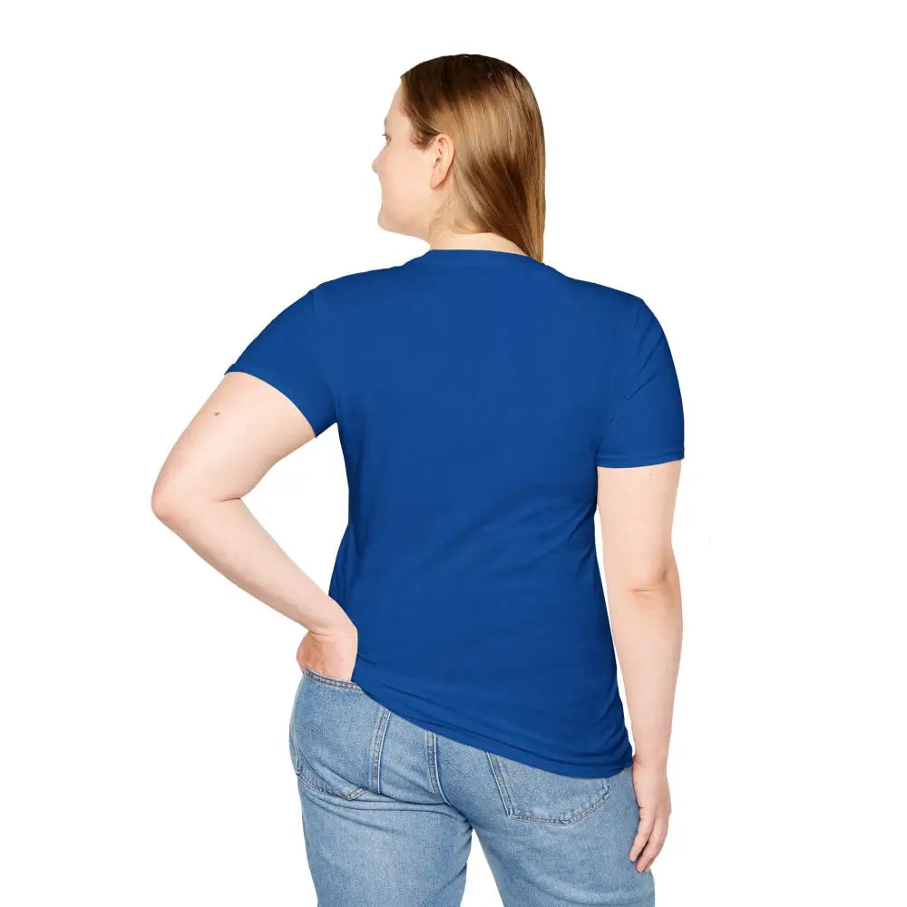 Woman wearing a royal blue geometric wolf softstyle tee wolf and light wash jeans