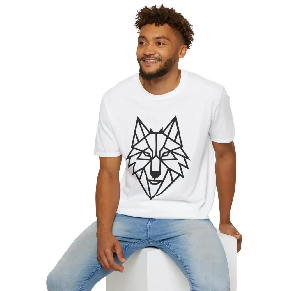 Man wearing a white geometric wolf softstyle tee and light blue jeans, wolf lover fashion