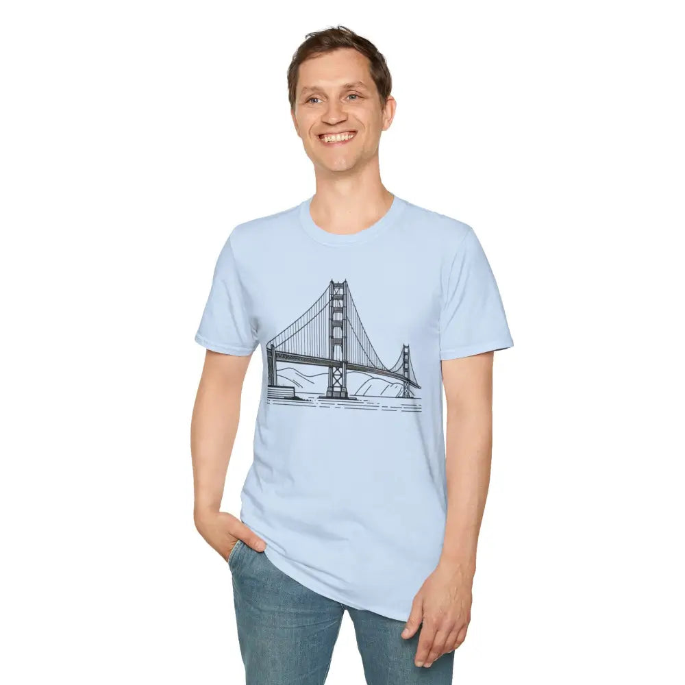 Light blue unisex softstyle t-shirt with seamless Golden Gate Bridge line art design