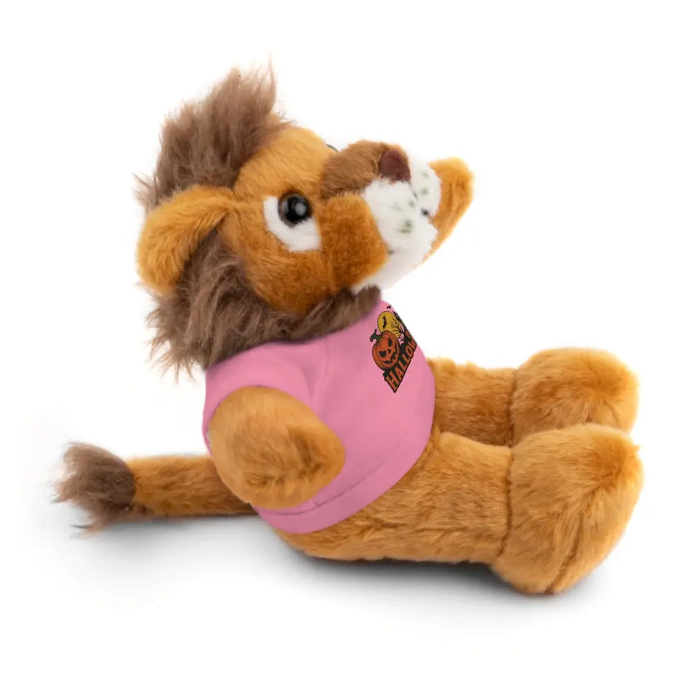 Plush lion wearing pink Halloween shirt with haunted house design, collectible plush toy