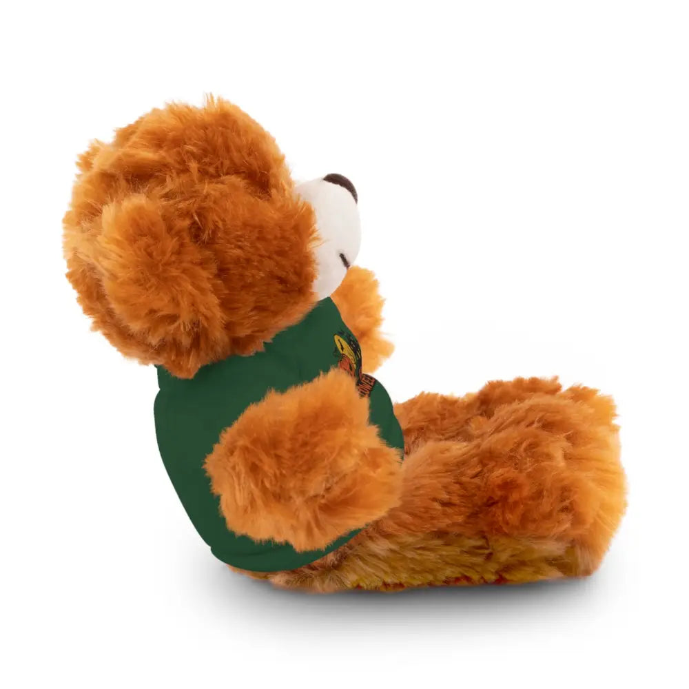 Brown plush teddy bear wearing dark green shirt from PixiOnyx Haunted House Stuffed Animal collection