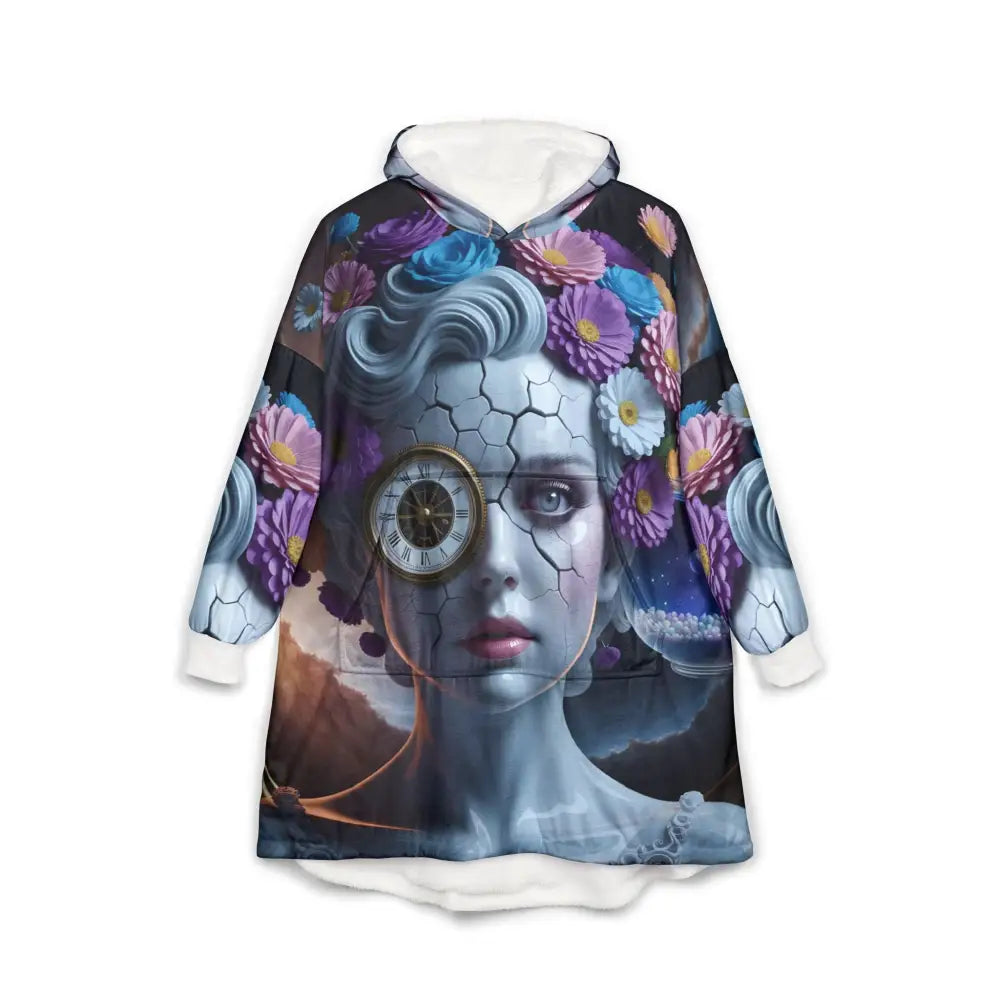 Wearable blanket hoodie with surreal floral woman design from Hooded Blanket Fractured Time by PixiOnyx