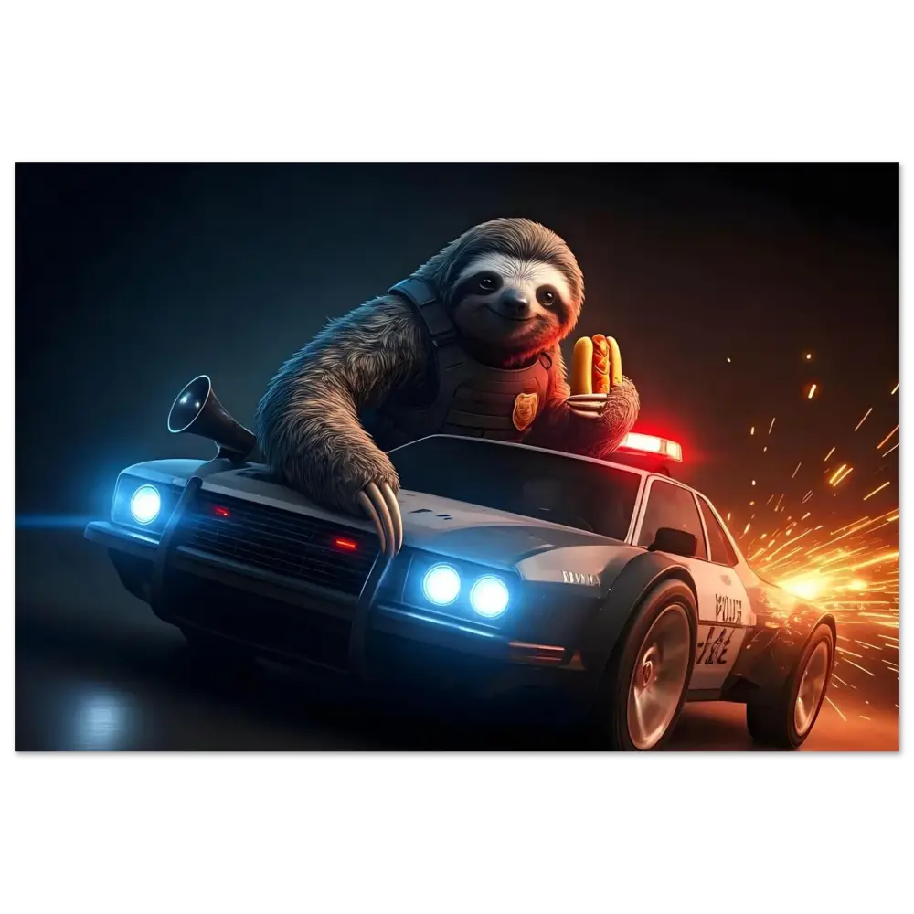Sloth police officer driving a speeding car in Hot Pursuit Cold Hotdog Aluminum Print