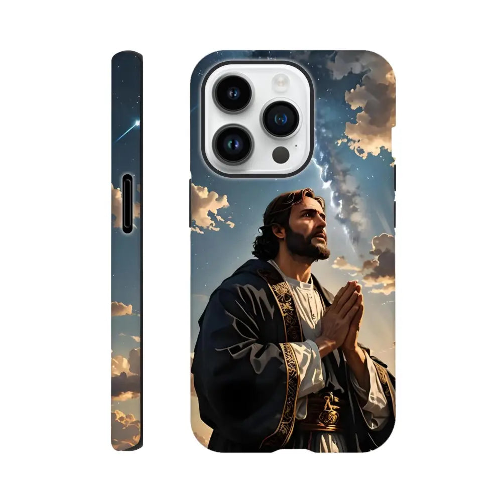 Jesus-themed phone case for iPhone with cosmic prayer design from PixiOnyx