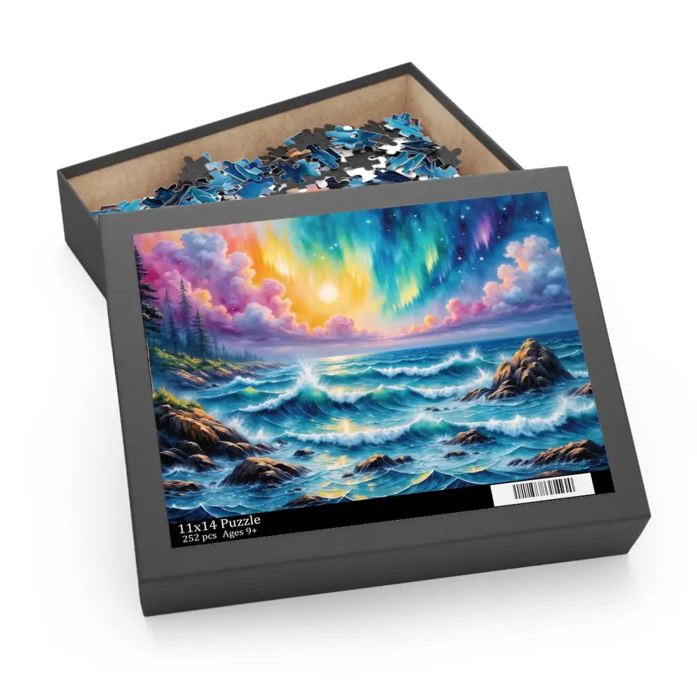 Vibrant jigsaw puzzle of a swirling aurora seascape from Celestial Tide transforms puzzle time