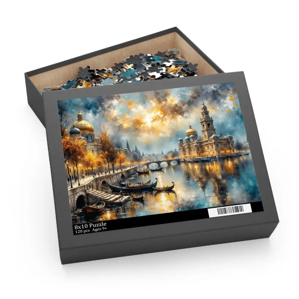 Open box of 120-piece Jigsaw Puzzle featuring a cityscape with tranquil gondolas converge under vibrant sky for captivating family nights and meditative solo play