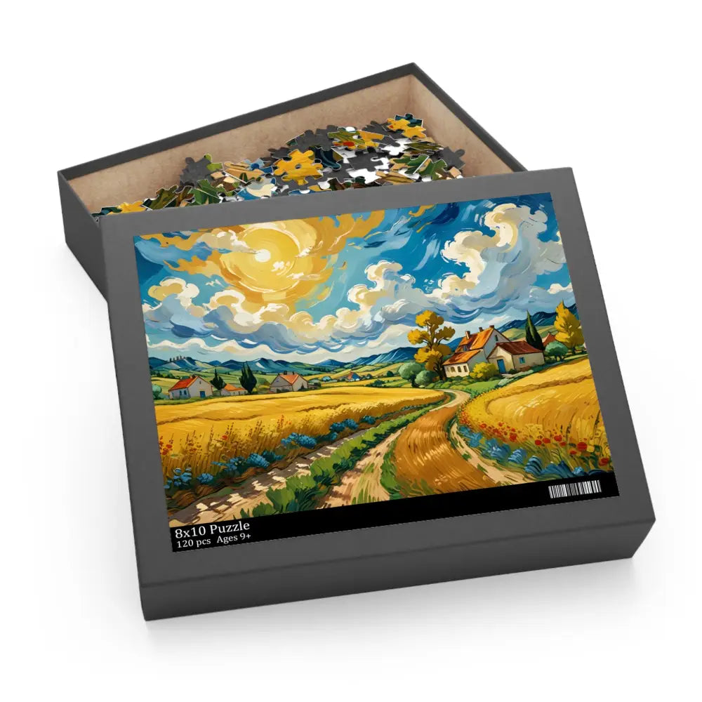 Puzzle box featuring a landscape painting from PixiOnyx Golden Fields Reverie series
