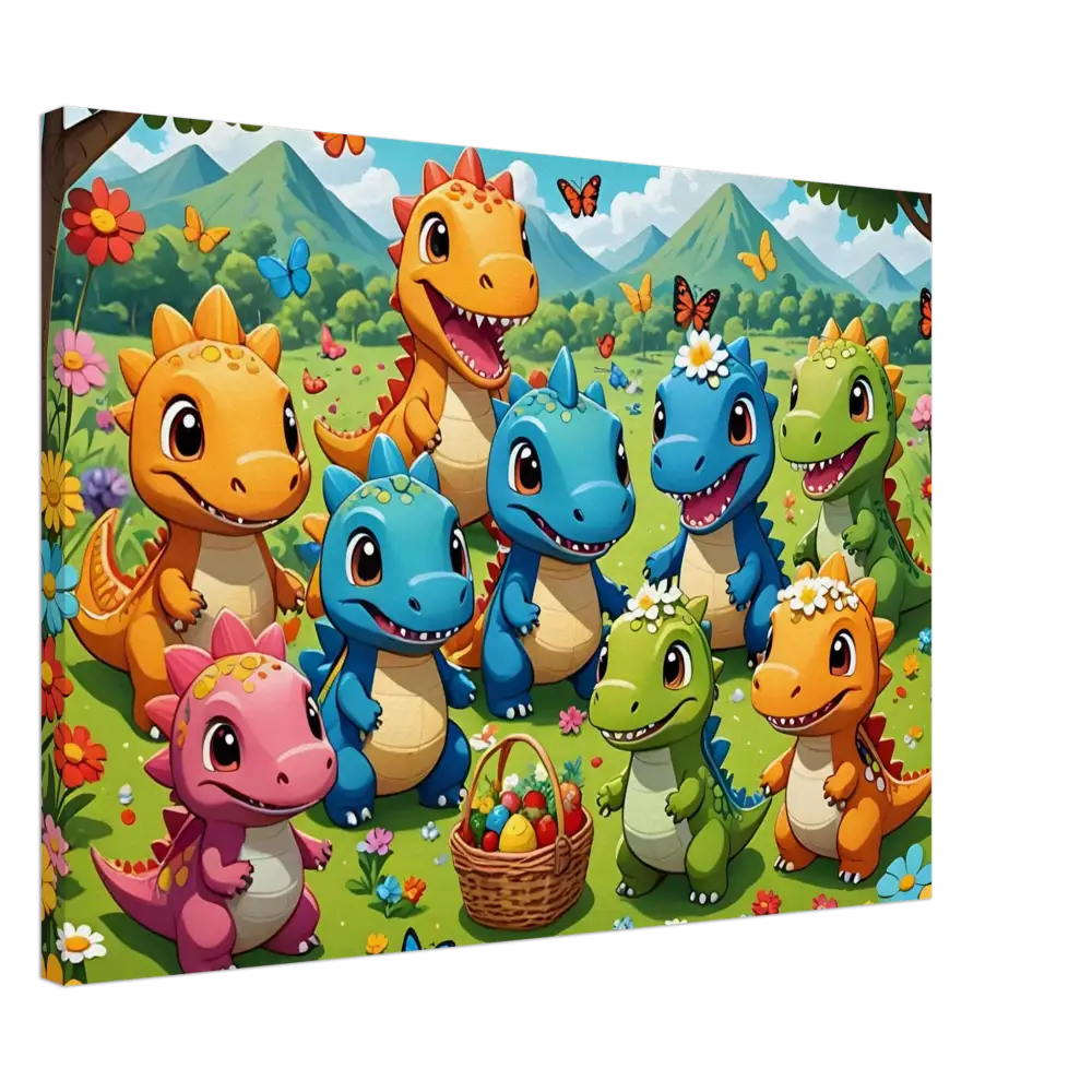 Colorful cartoon dinosaur Easter canvas art from Kawaii Dinos Canvas Jurassic Joy Bloom