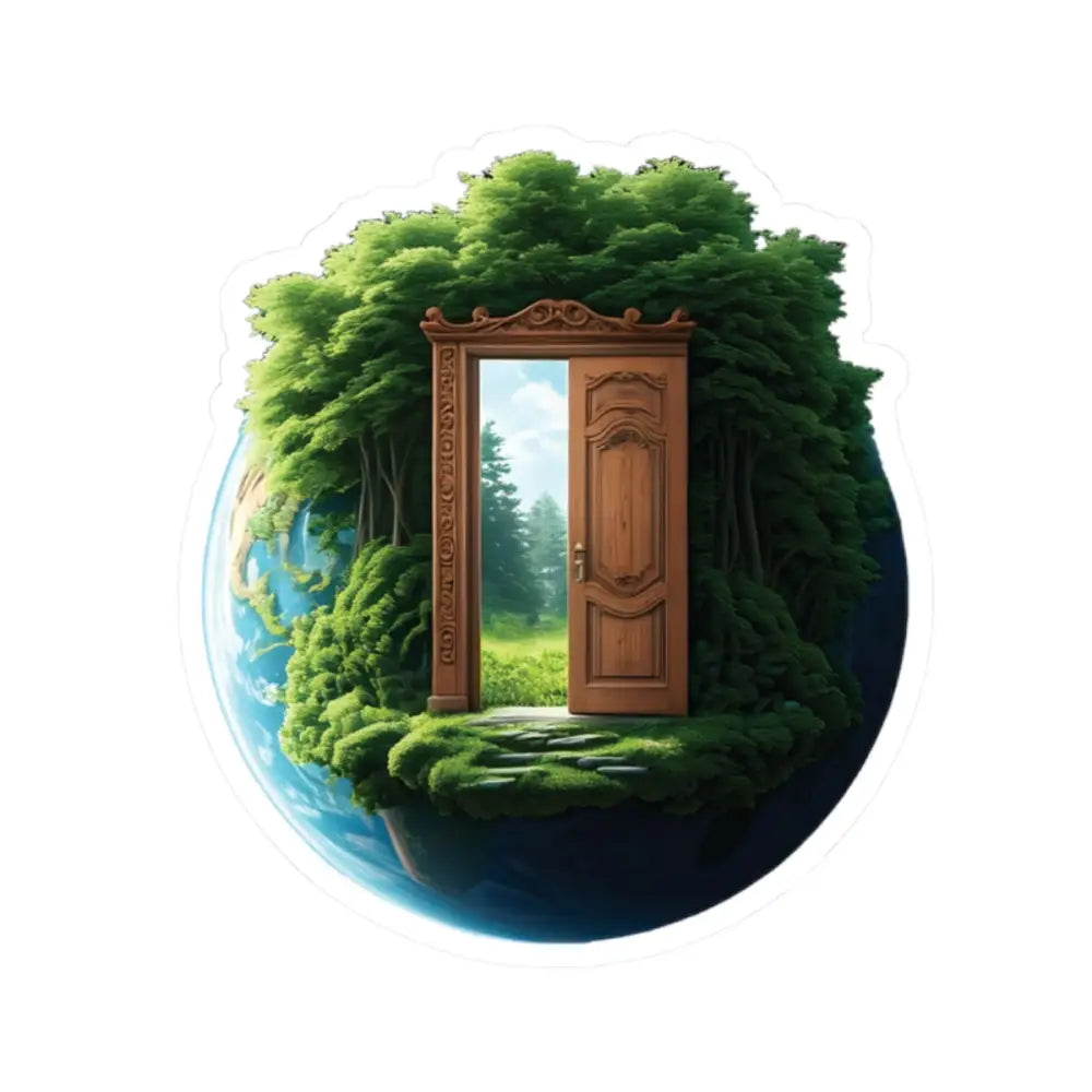 Ornate wooden door on a lush green globe in PixiOnyx Kiss-Cut Sticker Door to Earth series