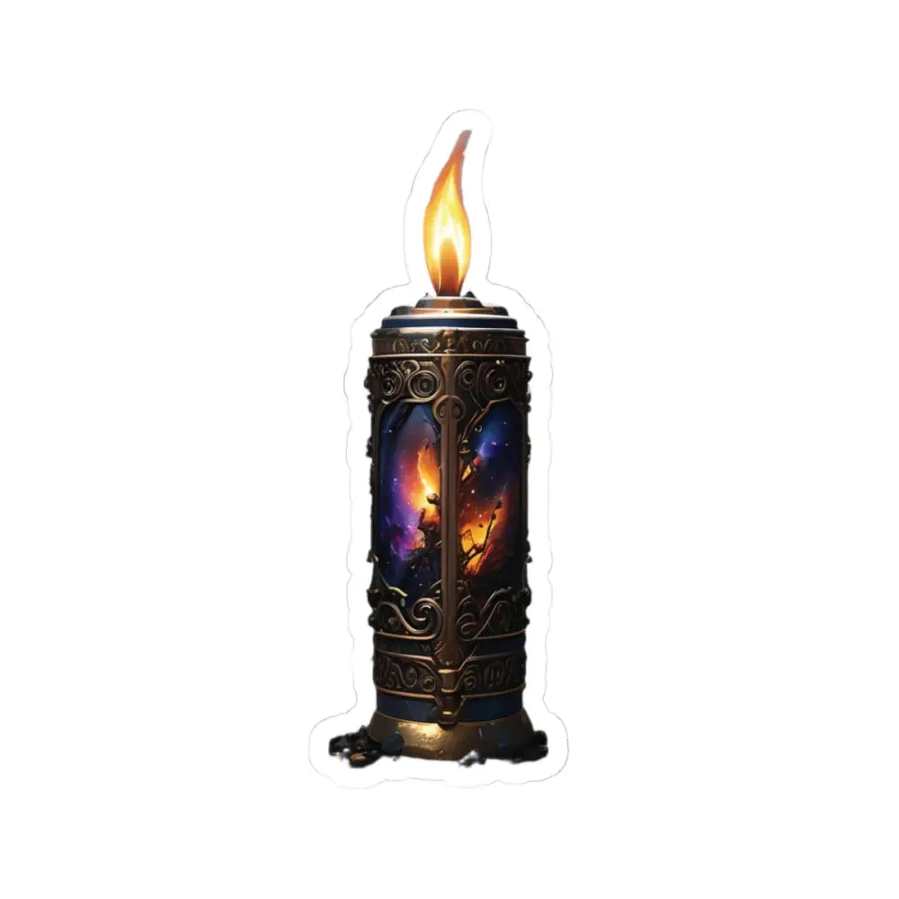 Ornate candle featuring celestial scene from PixiOnyx Galactic Flame sticker collection