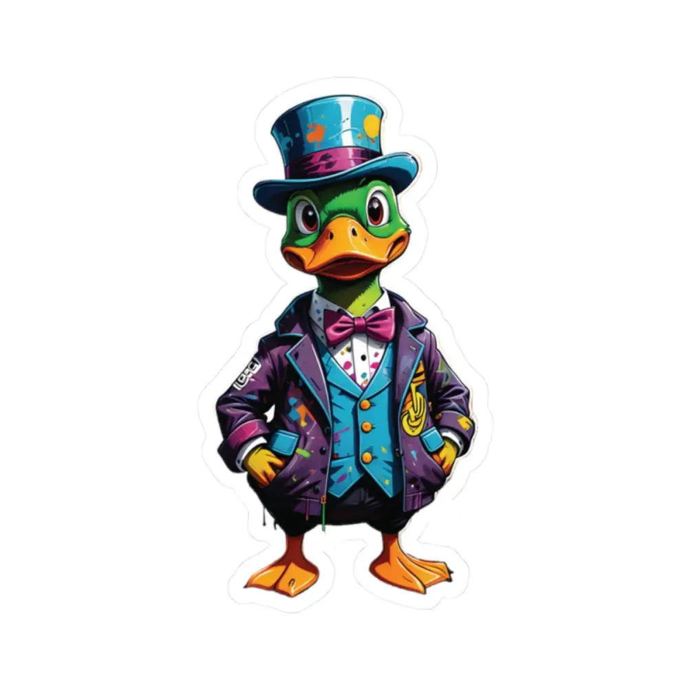 Cartoon Duck in colorful suit and top hat on Kiss-Cut Sticker Gangster Duck PixiOnyx FeatherFlex