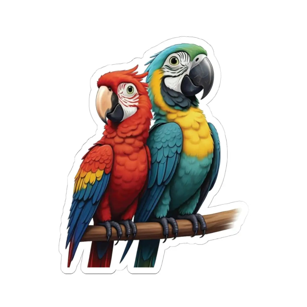 Colorful parrots on a branch featured on Kiss-Cut Sticker Macaw Legends Cameo PixiOnyx Tropical Icon Series