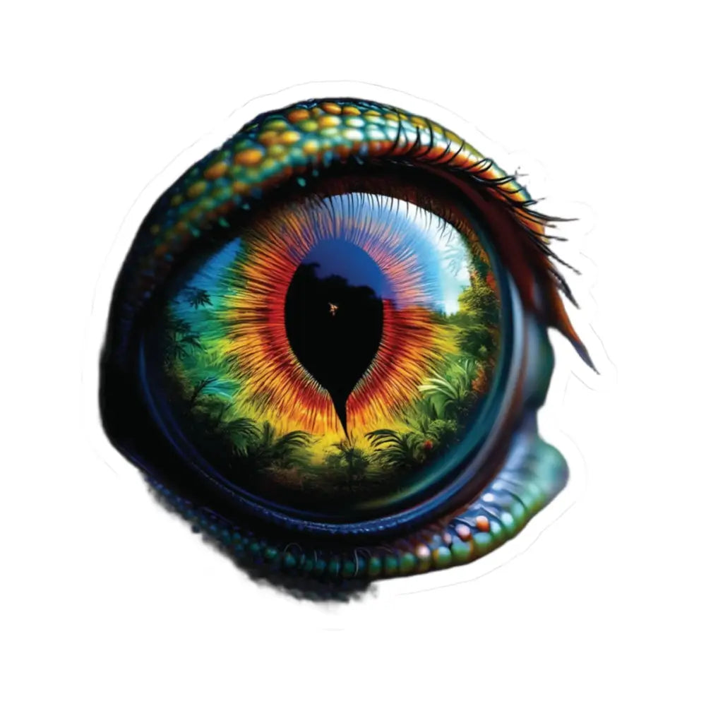 Reflective reptilian eye showing a lush jungle scene on PixiOnyx Chromatic Gaze Sticker