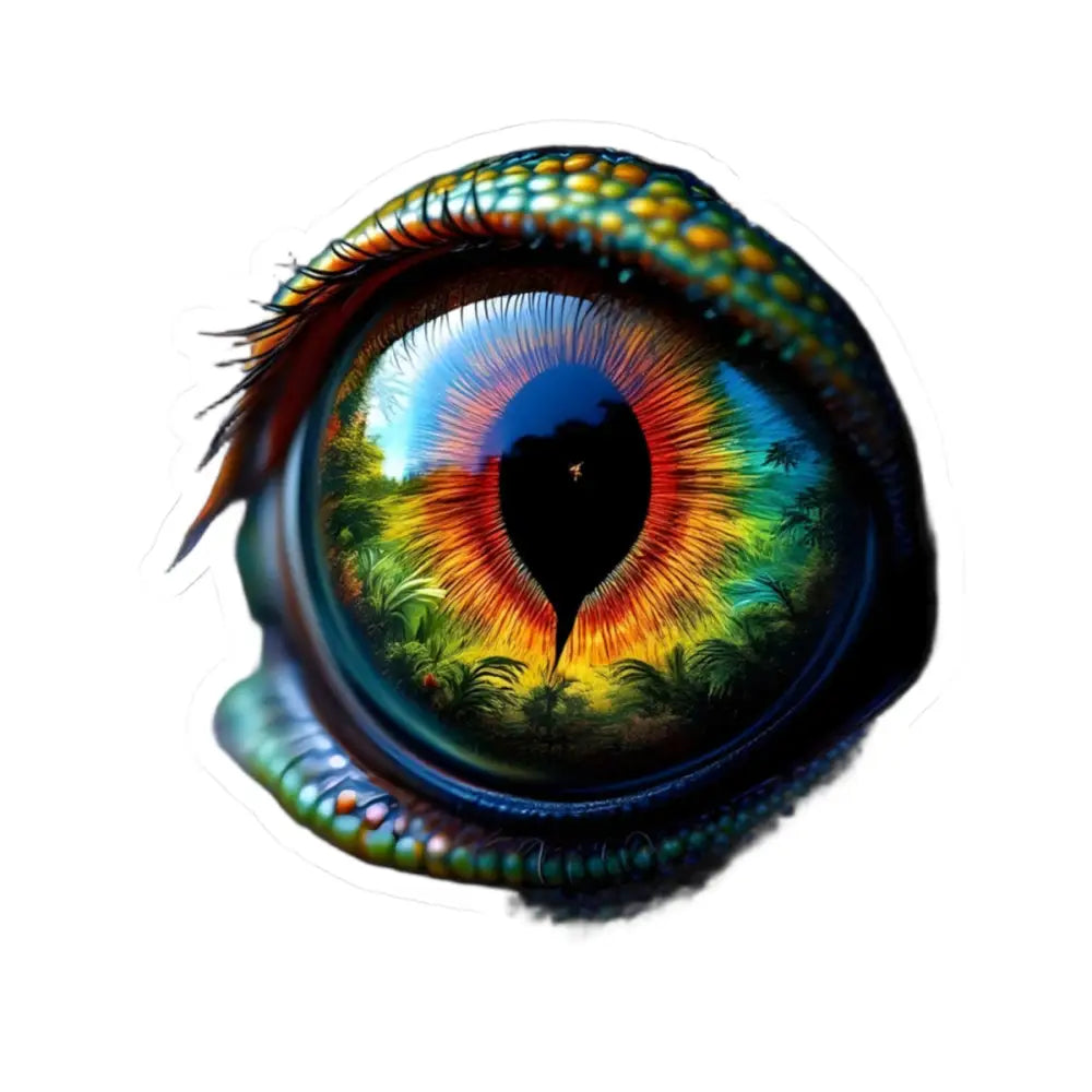 Reptilian eye reflecting a lush jungle landscape on PixiOnyx CreatureVision Kiss-Cut Sticker