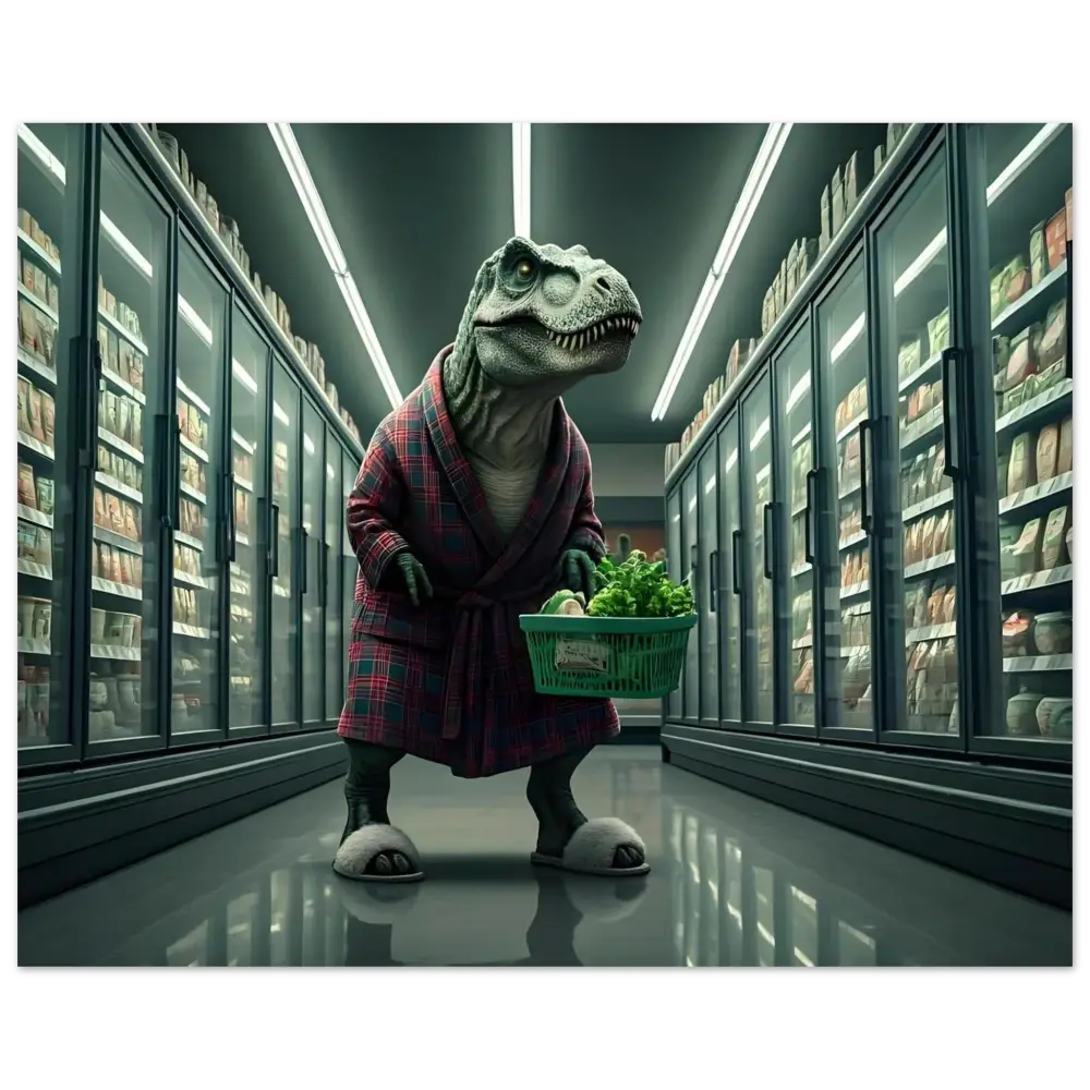Dinosaur in robe carrying a produce basket on futuristic comedy metal art aluminum print